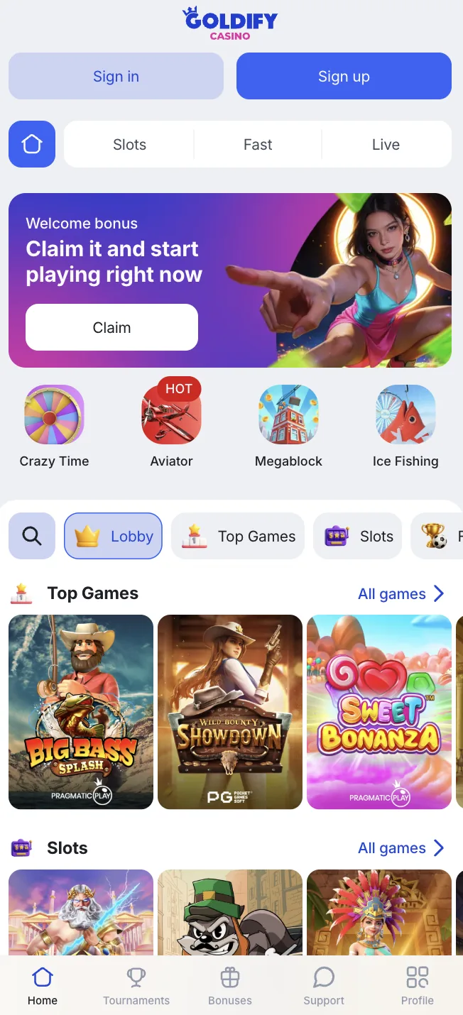 Goldify Casino mobile lobby with Crazy Time, Aviator and top slots